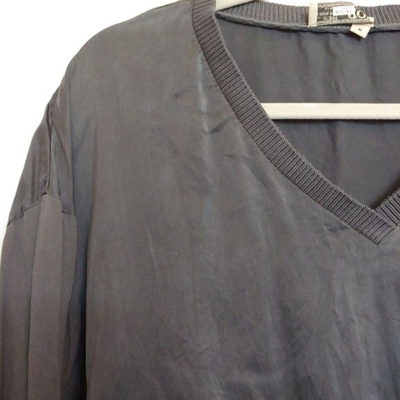 Go Silk 100% gray black silk long sleeve raw hem v-neck tunic medium - Picture 5 of 11